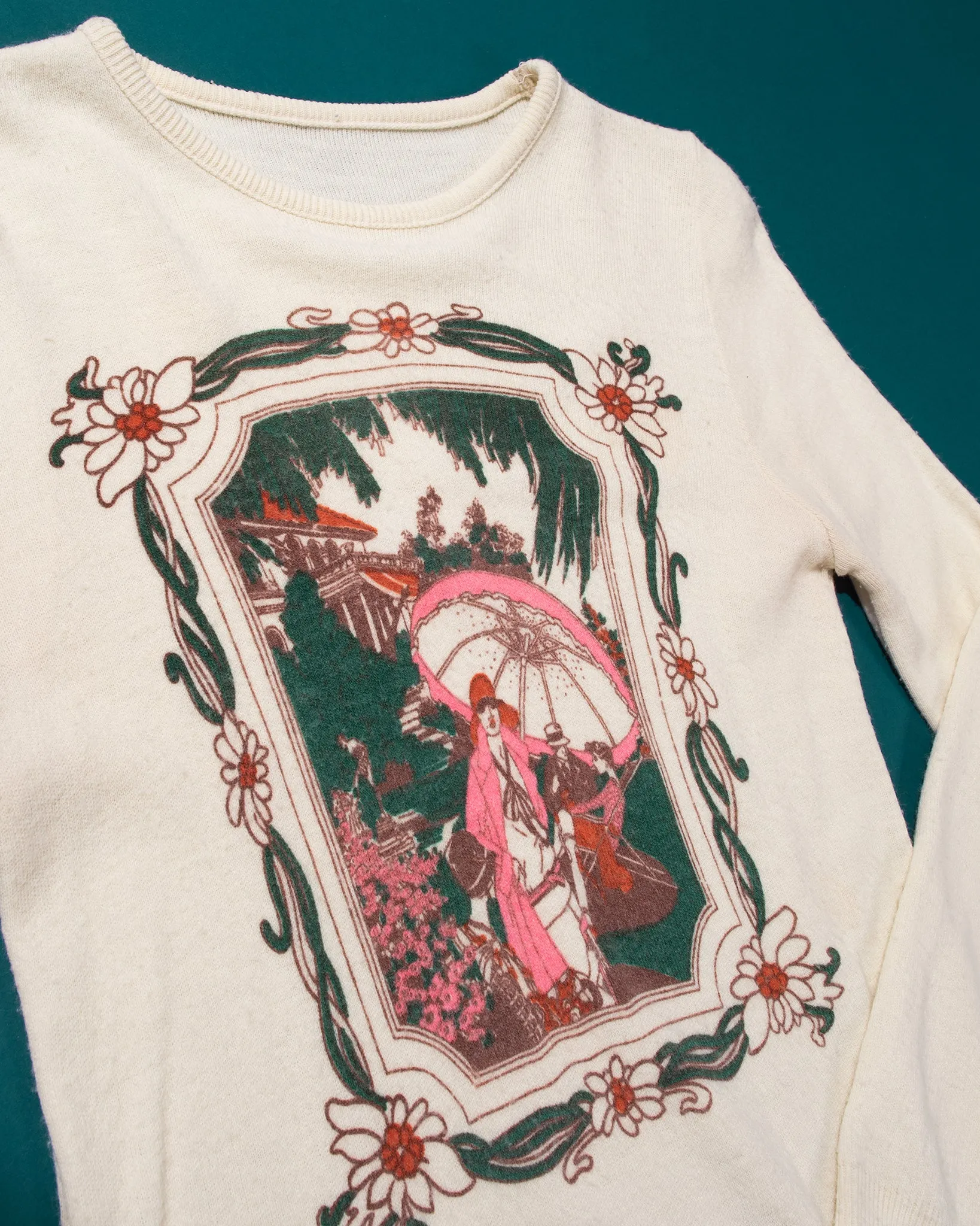 70s Novelty Sweater with 20s Parasol Garden Scene