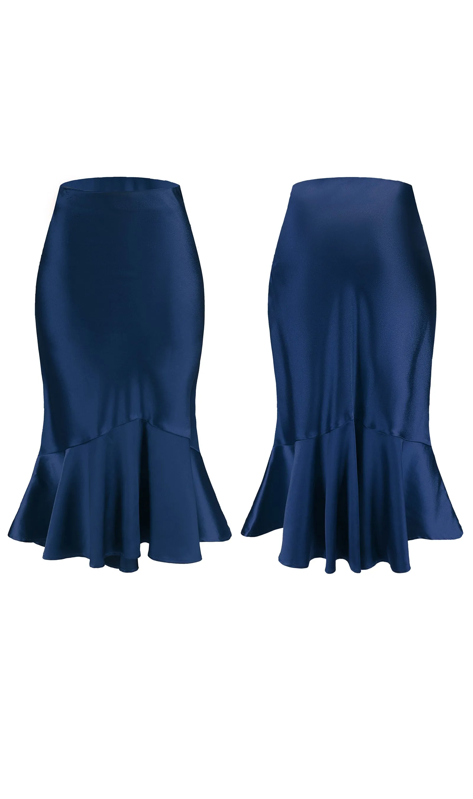 ALCEA ROSEA Women High Waist Satin Skirt Fishtail Silky Skirts Bodycon Stretchy Mermaid Pencil Midi Skirt Navy