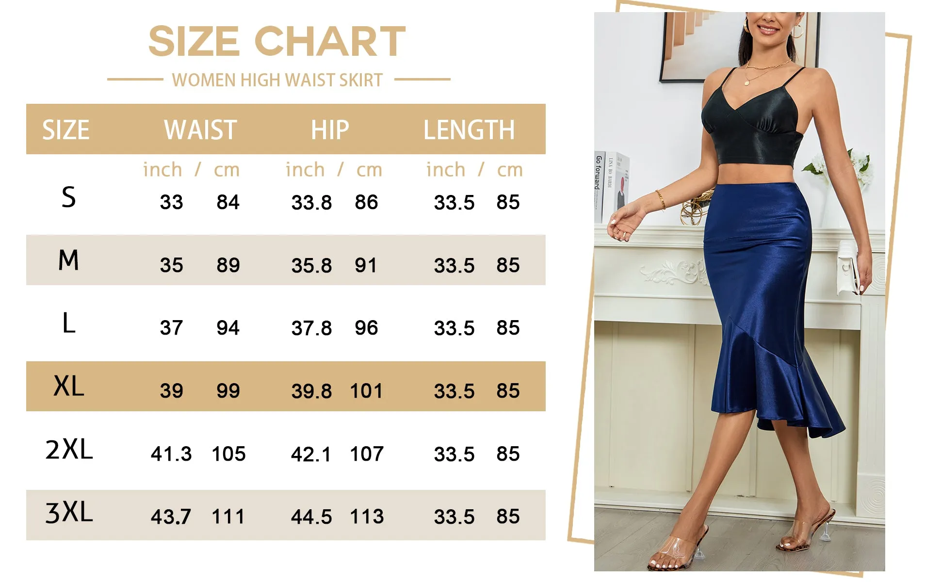 ALCEA ROSEA Women High Waist Satin Skirt Fishtail Silky Skirts Bodycon Stretchy Mermaid Pencil Midi Skirt Navy
