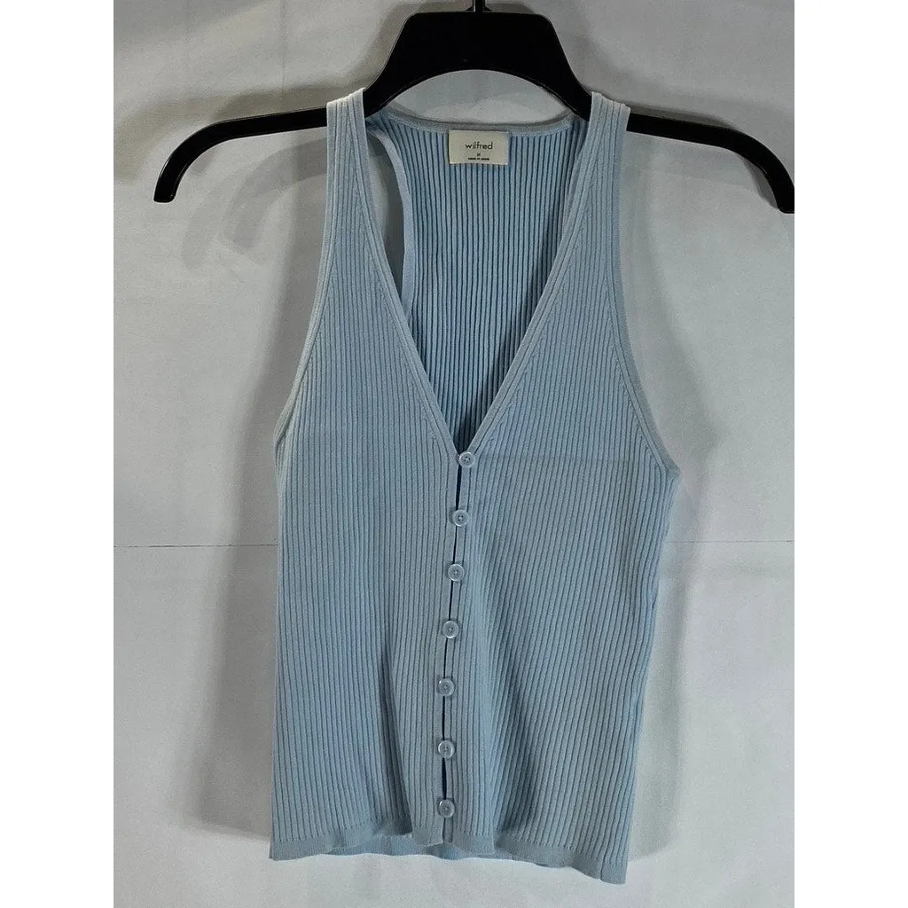Aritzia WILFRED Affinity Light Blue Rib Knit Halter Button-Up Sweater Tank SZ M