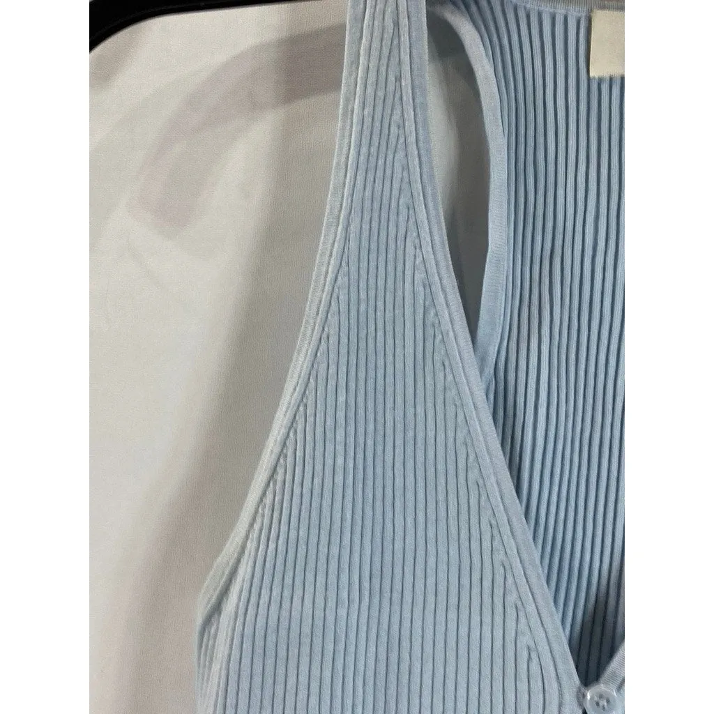 Aritzia WILFRED Affinity Light Blue Rib Knit Halter Button-Up Sweater Tank SZ M