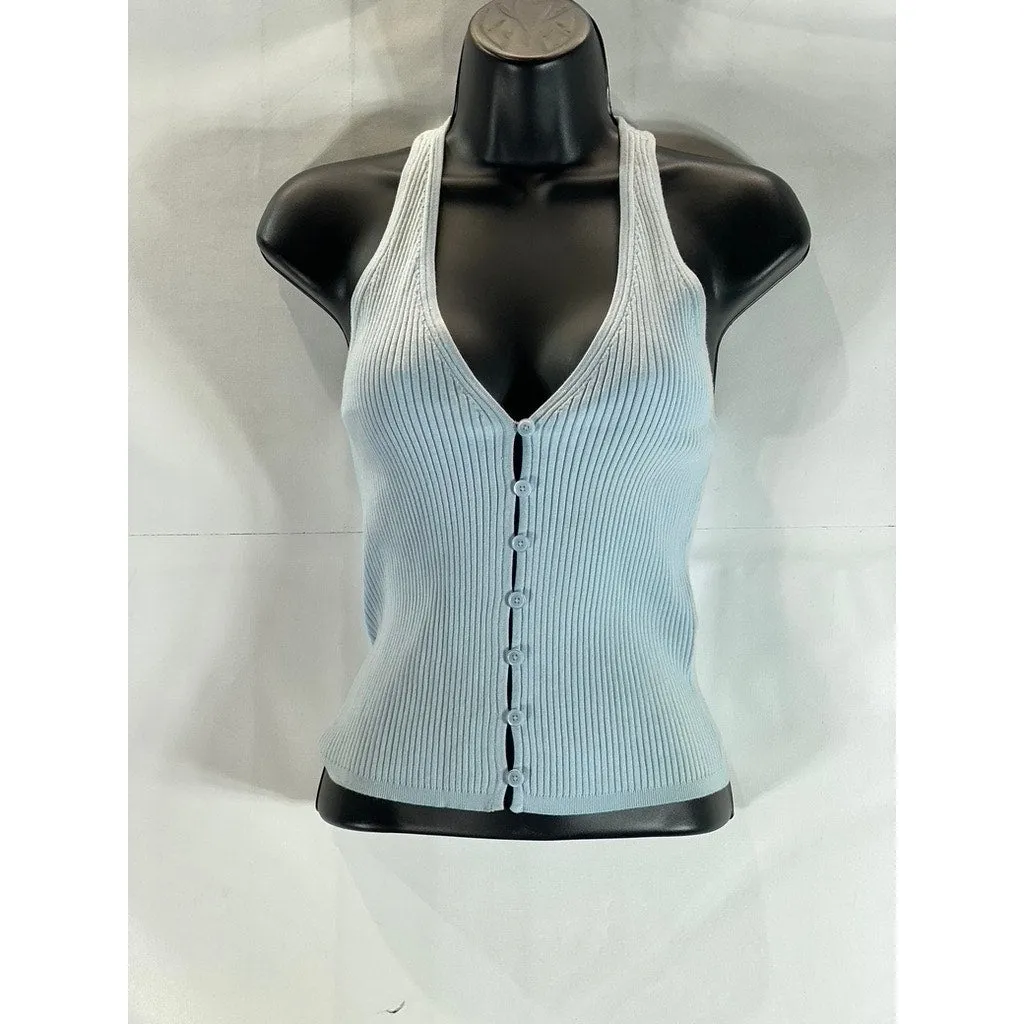 Aritzia WILFRED Affinity Light Blue Rib Knit Halter Button-Up Sweater Tank SZ M