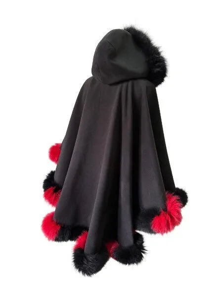 Black Red Women Winter Coat Cape Trim Fox Fur, Winter Women's Poncho Jacket lined, Warm Women's coat with a hood
