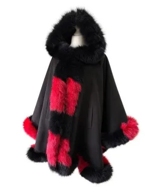 Black Red Women Winter Coat Cape Trim Fox Fur, Winter Women's Poncho Jacket lined, Warm Women's coat with a hood