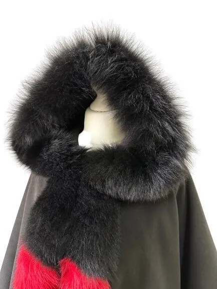Black Red Women Winter Coat Cape Trim Fox Fur, Winter Women's Poncho Jacket lined, Warm Women's coat with a hood