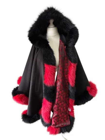 Black Red Women Winter Coat Cape Trim Fox Fur, Winter Women's Poncho Jacket lined, Warm Women's coat with a hood