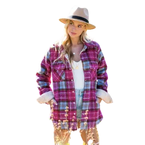 Brushed Flannel Sherpa-Lined Jacket - Magenta/Brown