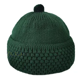 Dark Green Winter Beanie With Pompom Thick Faux Wool Double Layer Warm Hat Cap One-Size