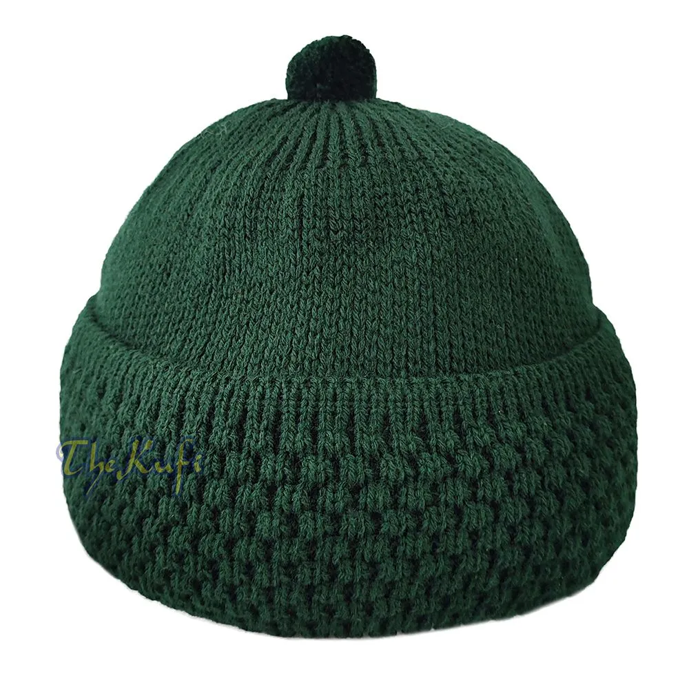Dark Green Winter Beanie With Pompom Thick Faux Wool Double Layer Warm Hat Cap One-Size