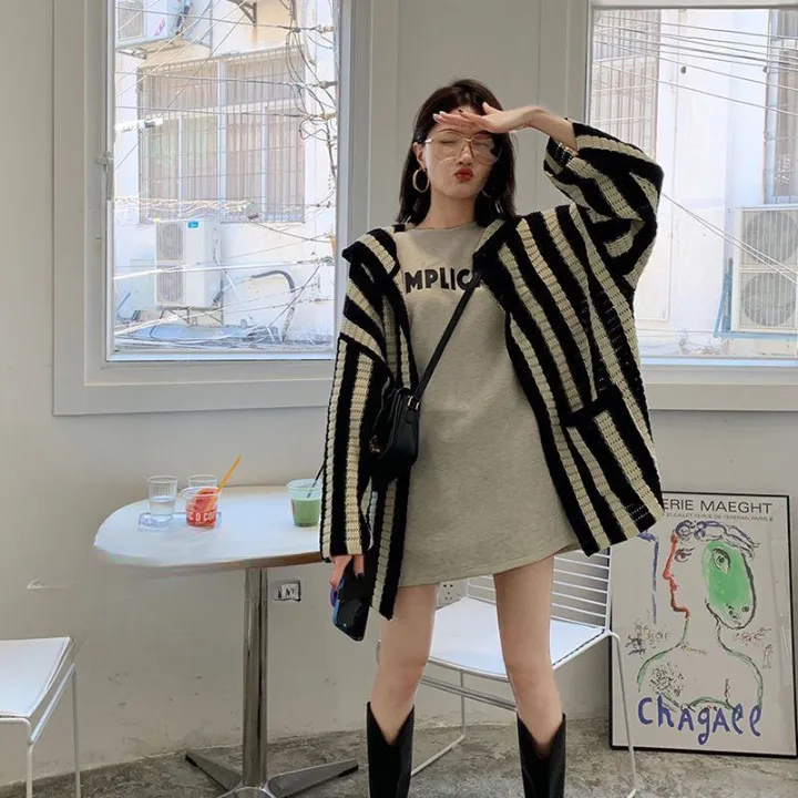 Emica Vertical Stripe Hooded Knit Cardigan Jumper