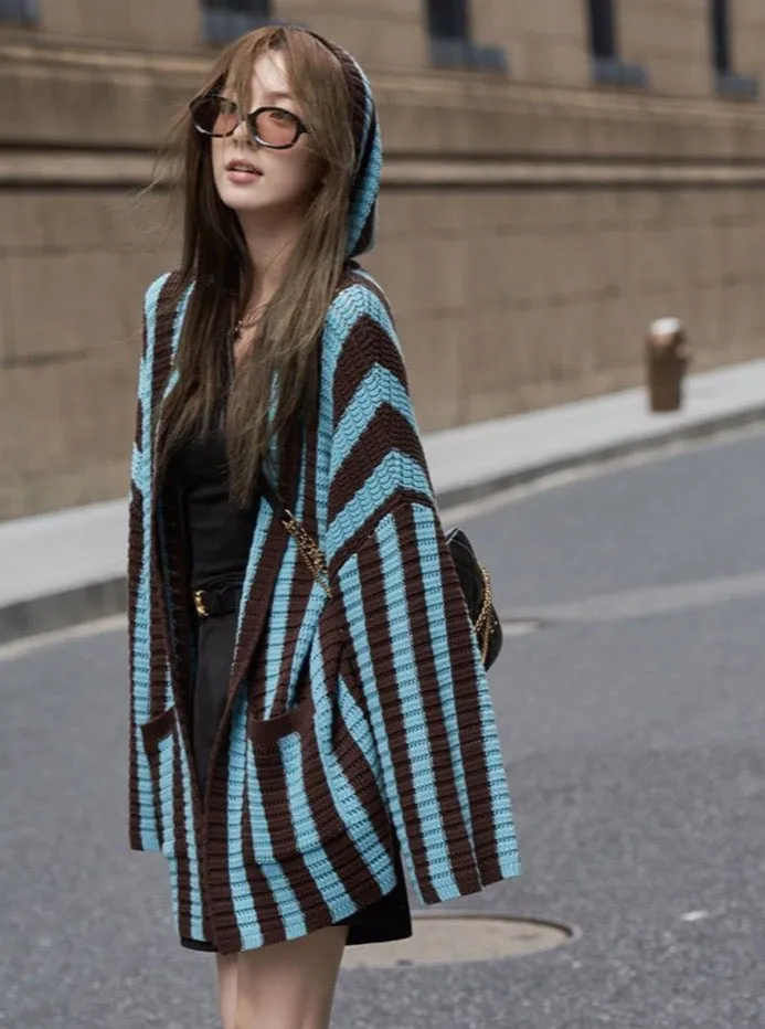 Emica Vertical Stripe Hooded Knit Cardigan Jumper