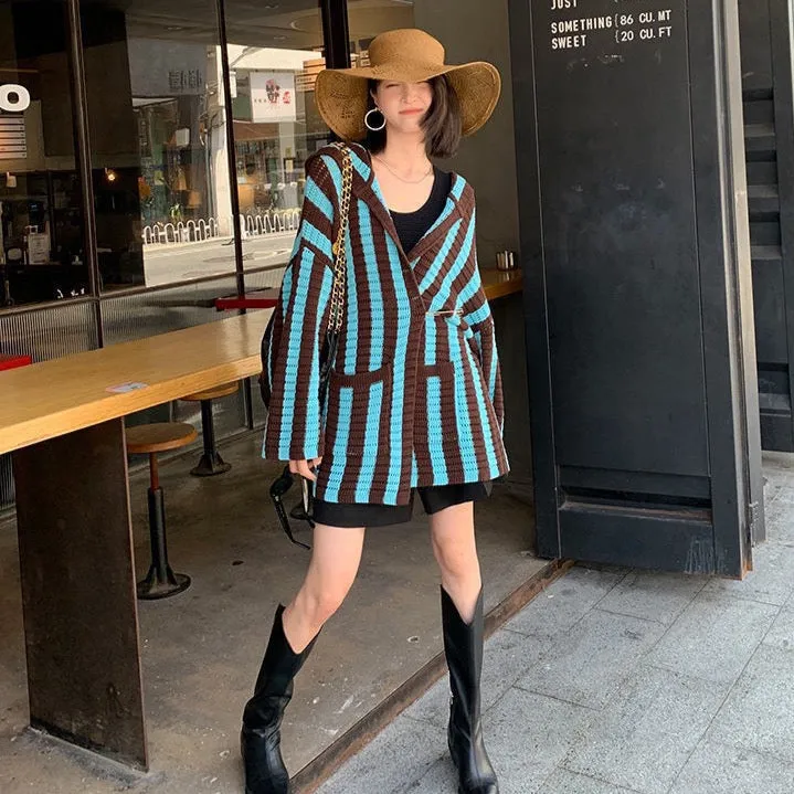 Emica Vertical Stripe Hooded Knit Cardigan Jumper