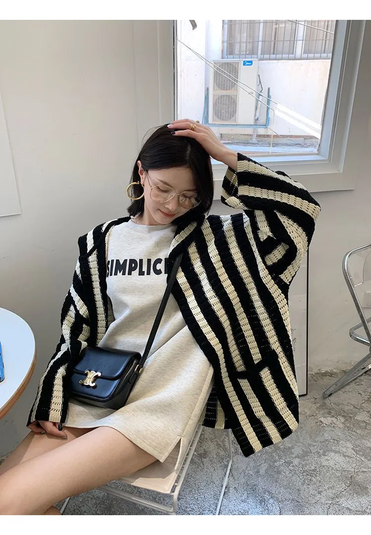 Emica Vertical Stripe Hooded Knit Cardigan Jumper