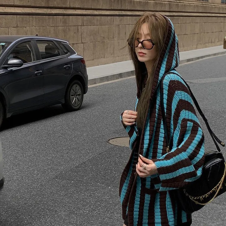 Emica Vertical Stripe Hooded Knit Cardigan Jumper