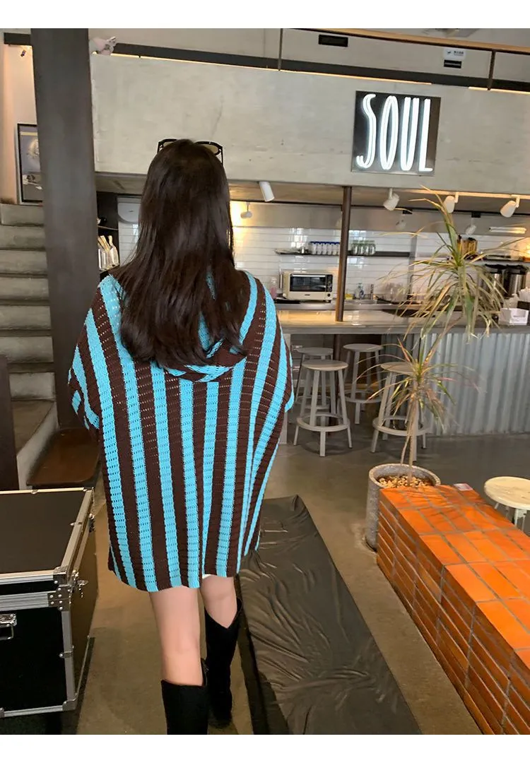 Emica Vertical Stripe Hooded Knit Cardigan Jumper