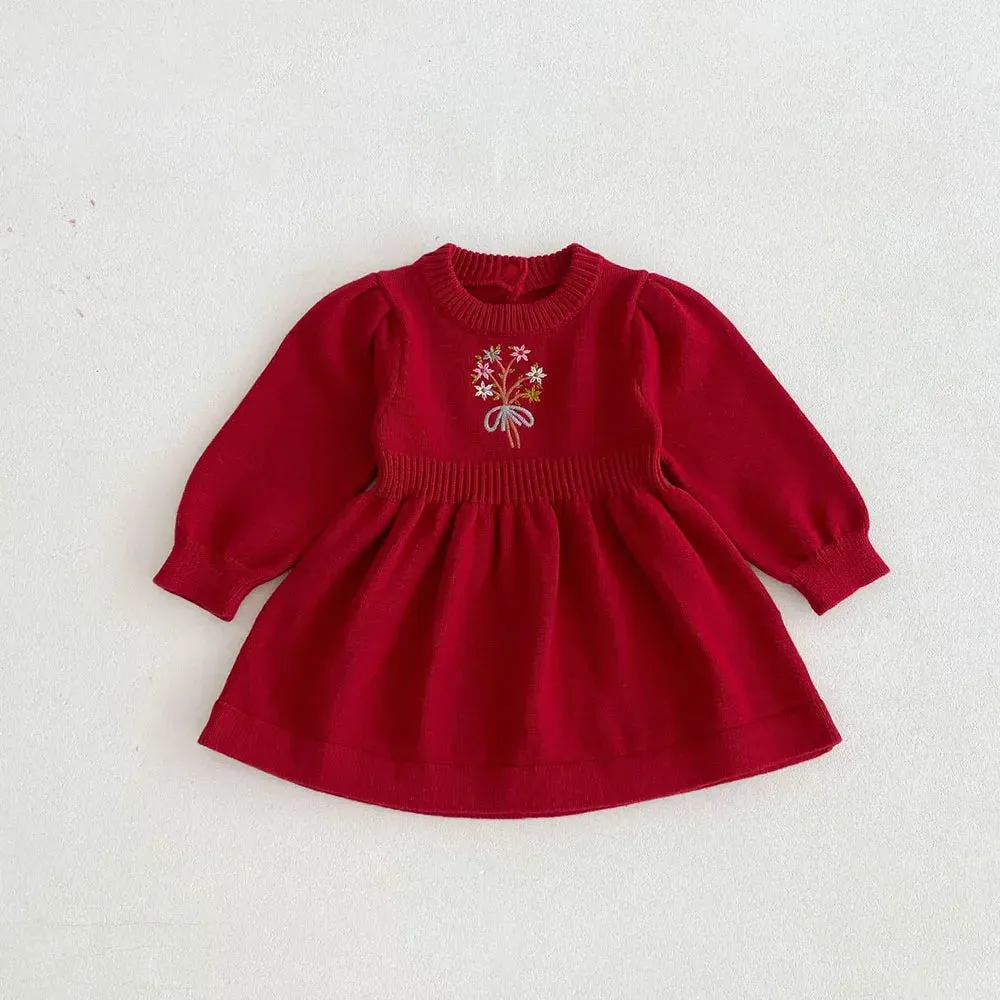 Girls Flower Bouquet Embroidery A-Line Knit Dress