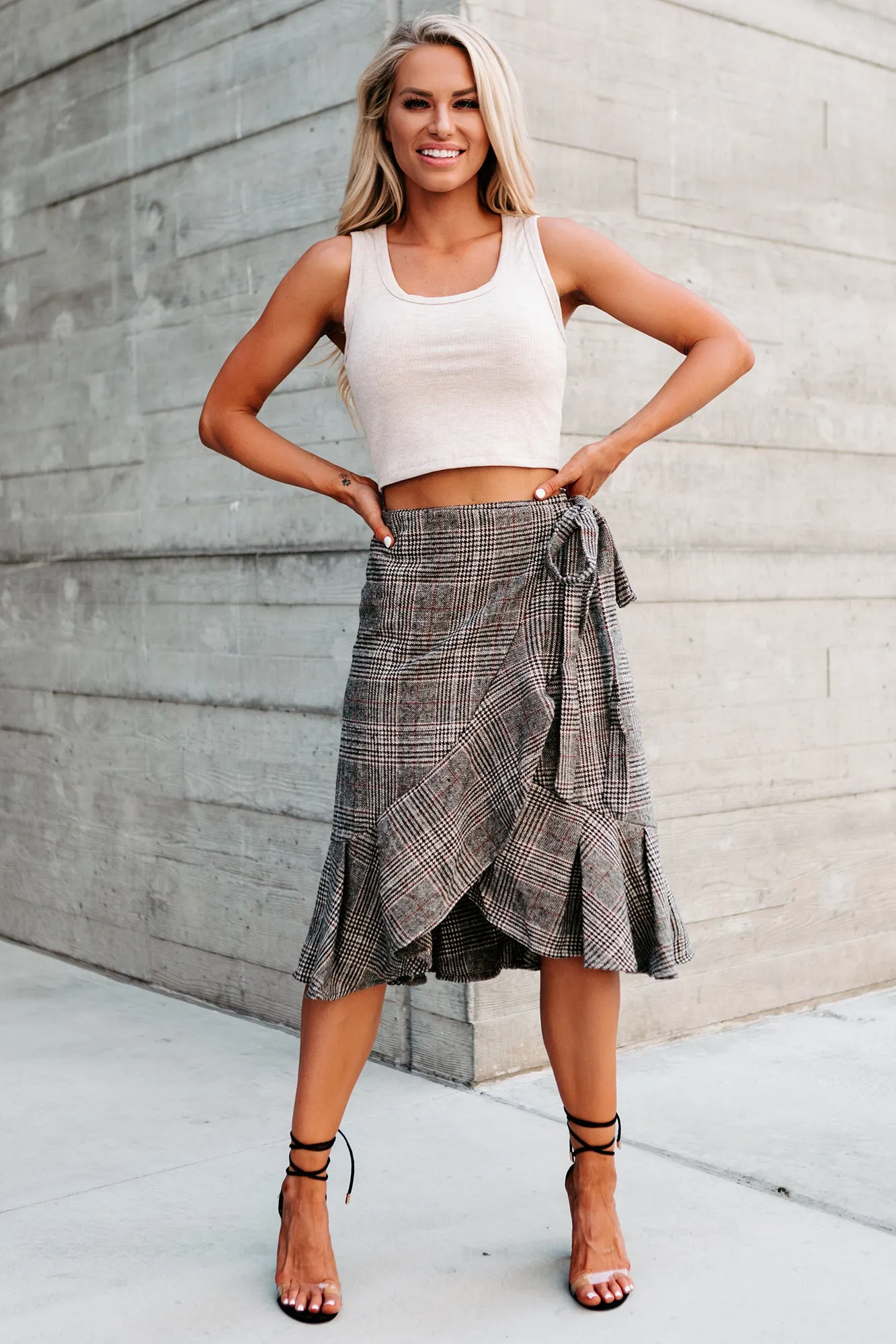 In Plaid Company Plaid Wrap Skirt (Brown)