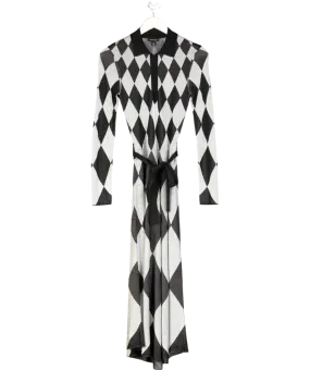 Karen Millen Grey Slinky Knit Mono Jacquard Belted Maxi Dress UK XS