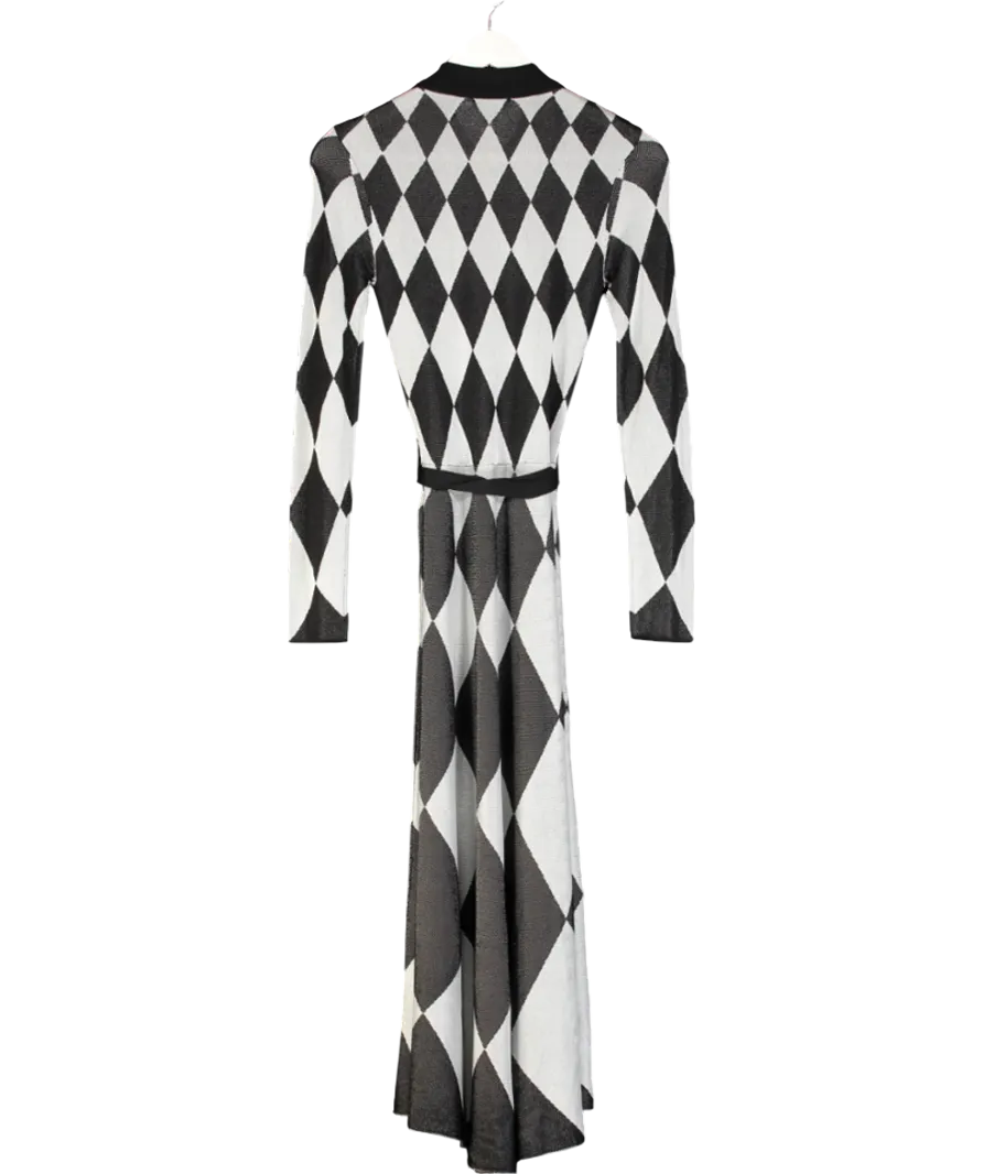 Karen Millen Grey Slinky Knit Mono Jacquard Belted Maxi Dress UK XS