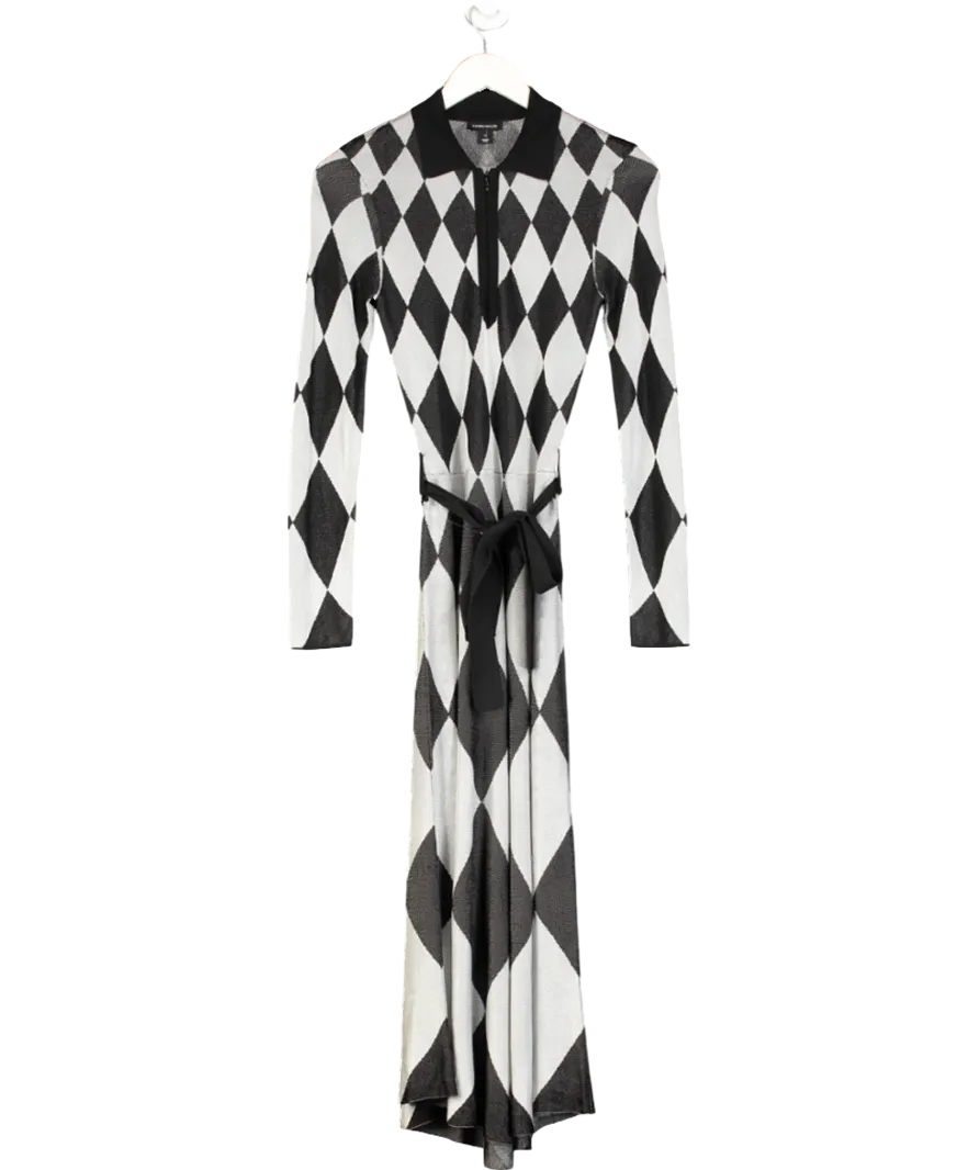 Karen Millen Grey Slinky Knit Mono Jacquard Belted Maxi Dress UK XS