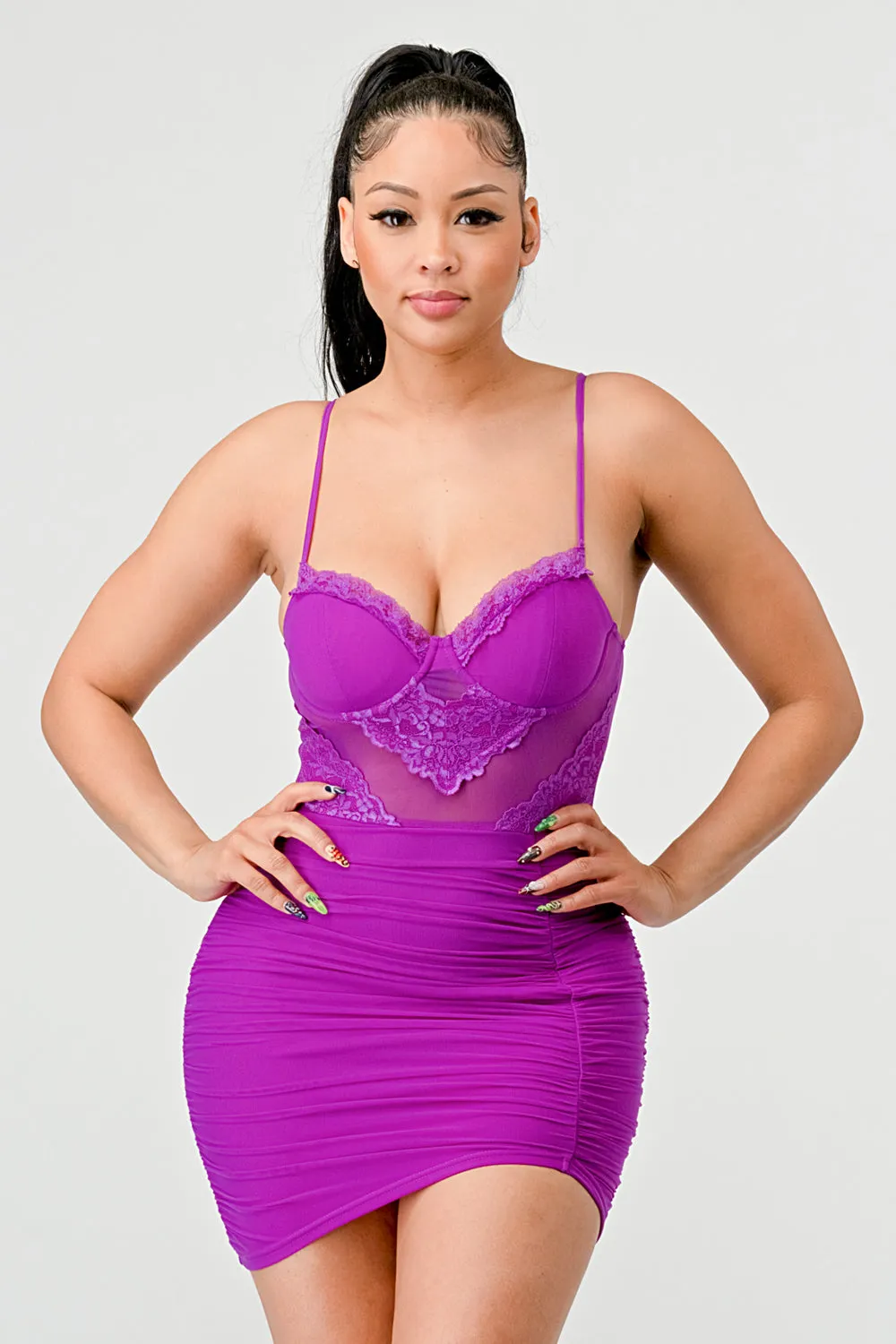 LUXE BUSTIER MESH LACE BODYCON DRESS