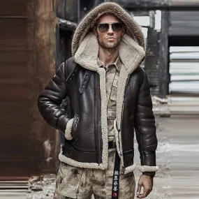 Men's Aviator Sheepskin Brown Hooded B3 RAF Shearling Leather Jacket