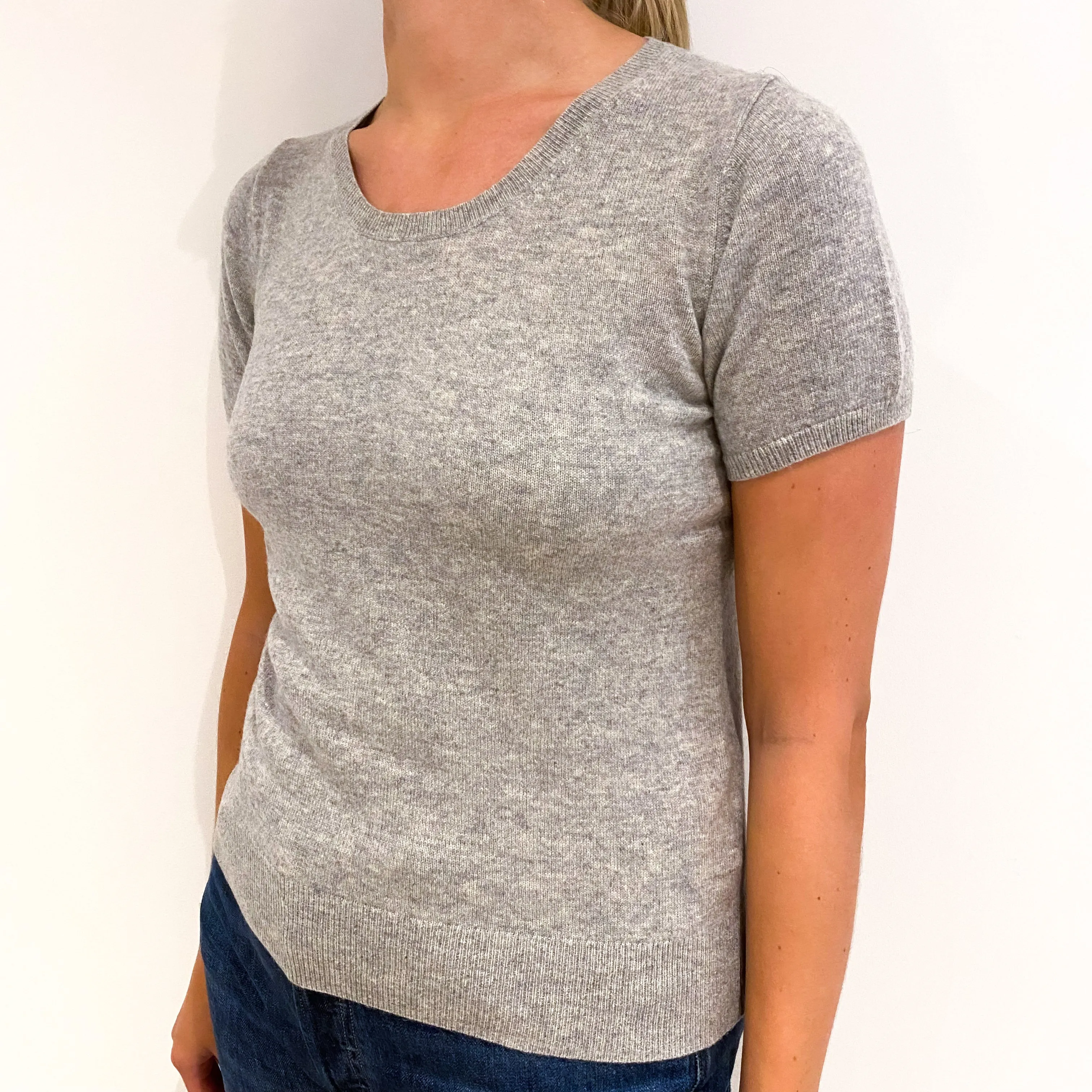 Smoke Grey Short Sleeved Cashmere V-Neck Jumper Small