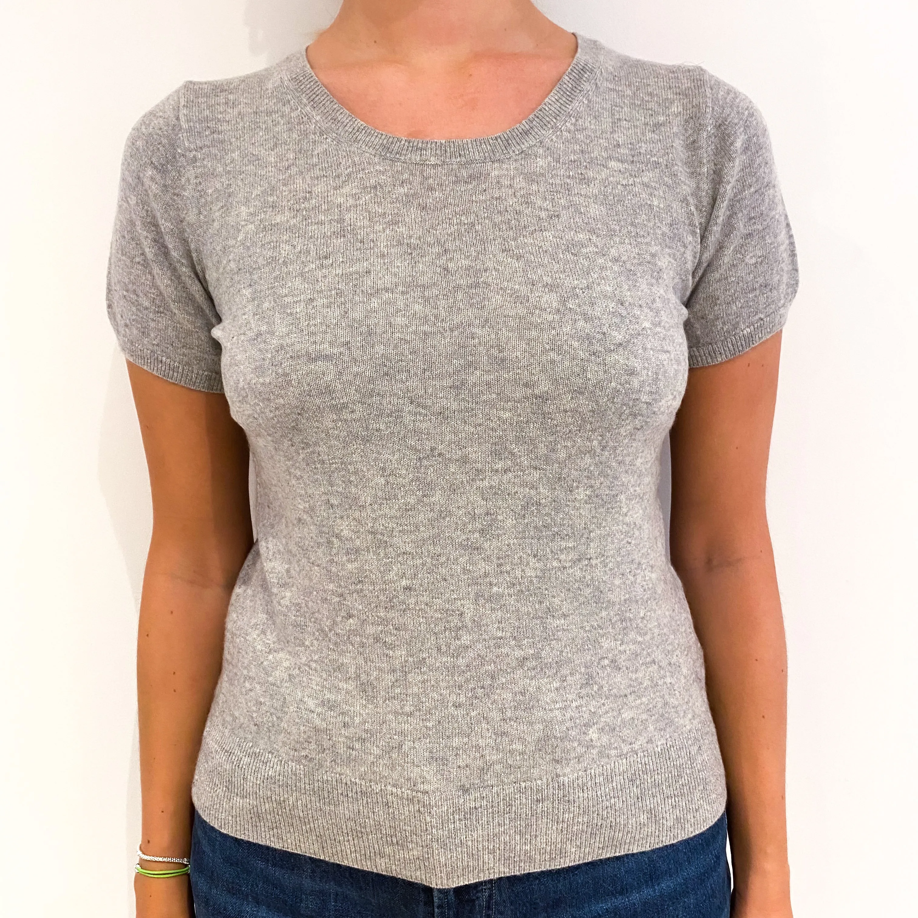 Smoke Grey Short Sleeved Cashmere V-Neck Jumper Small