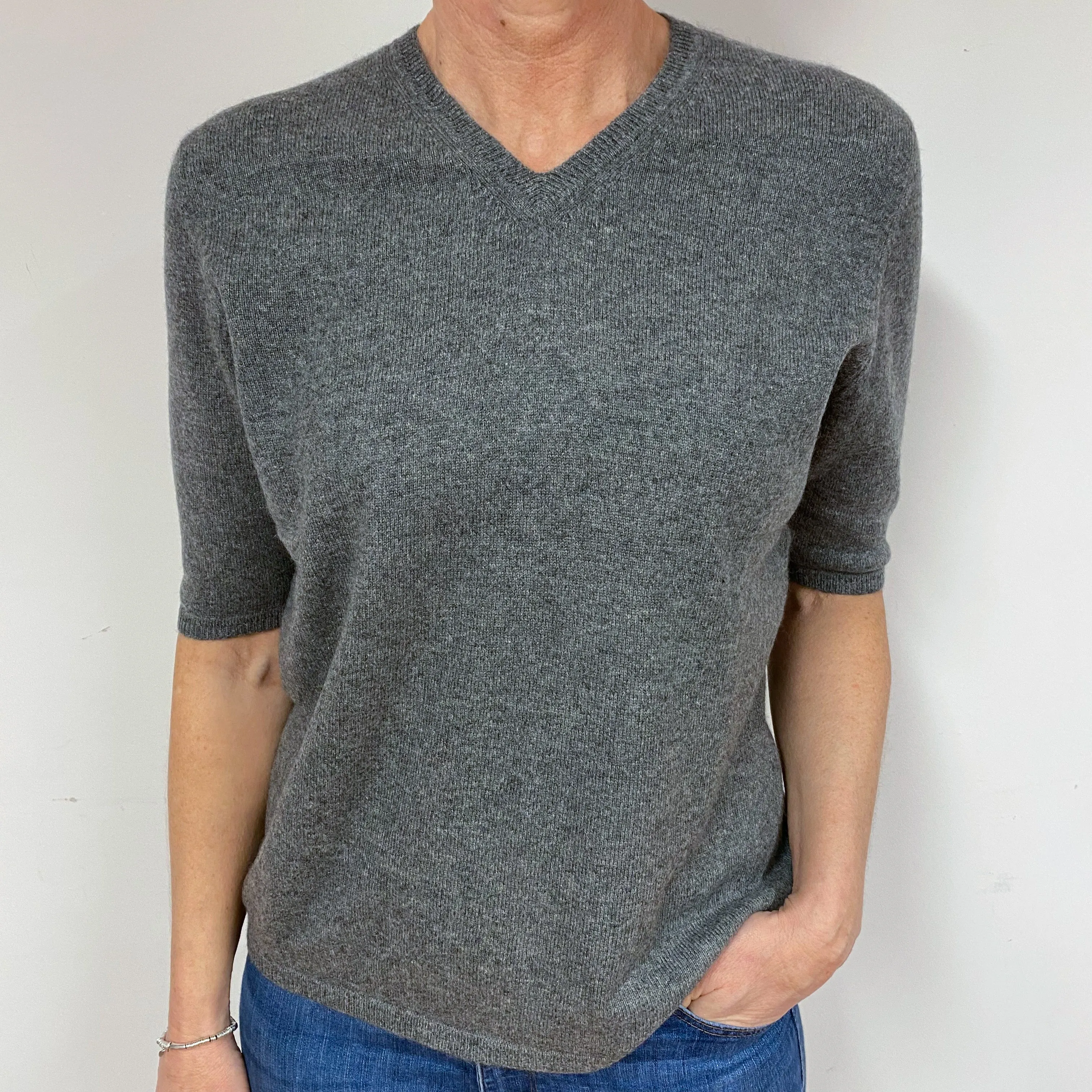 Steel Grey Cashmere 3/4 Sleeve V-Neck Jumper Medium