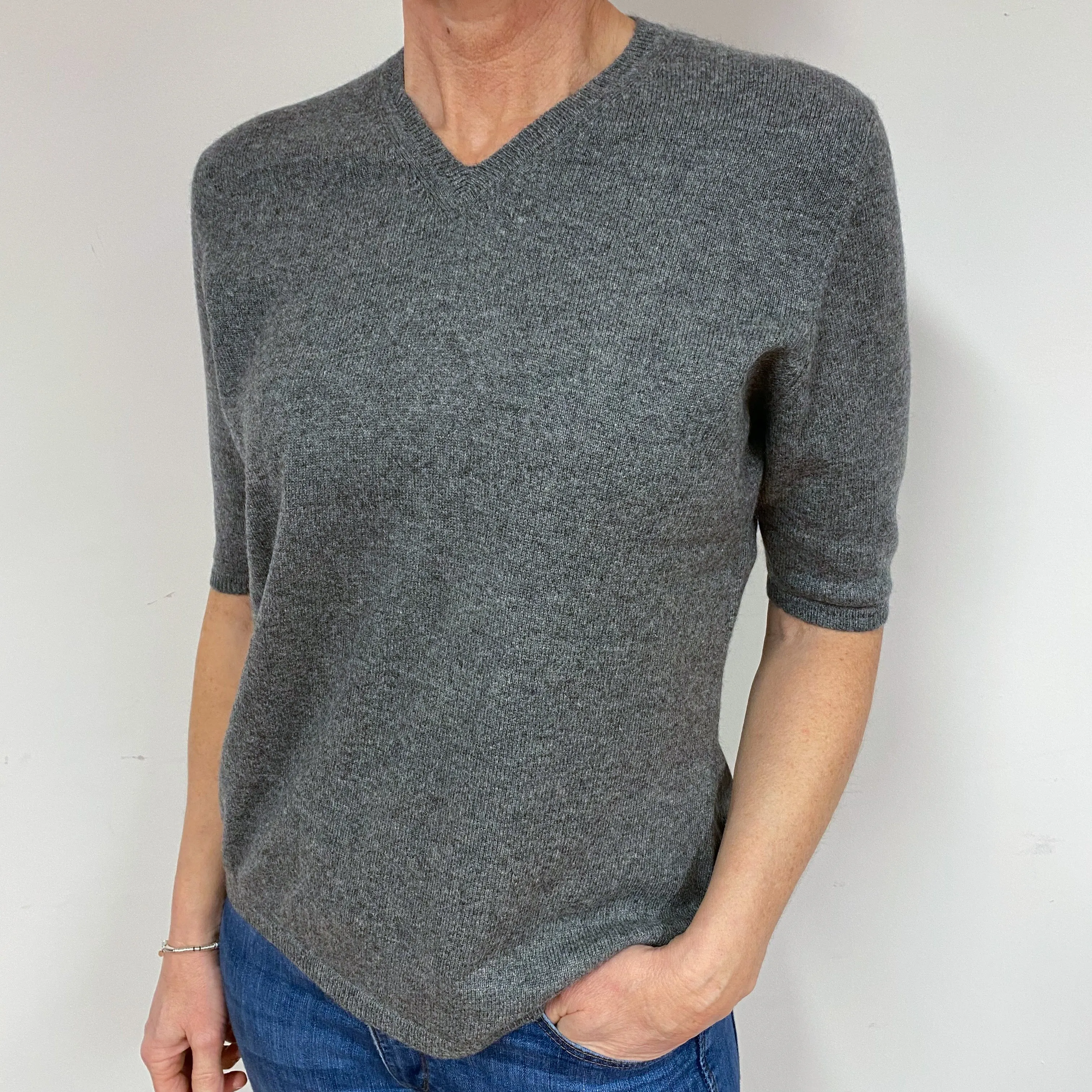 Steel Grey Cashmere 3/4 Sleeve V-Neck Jumper Medium