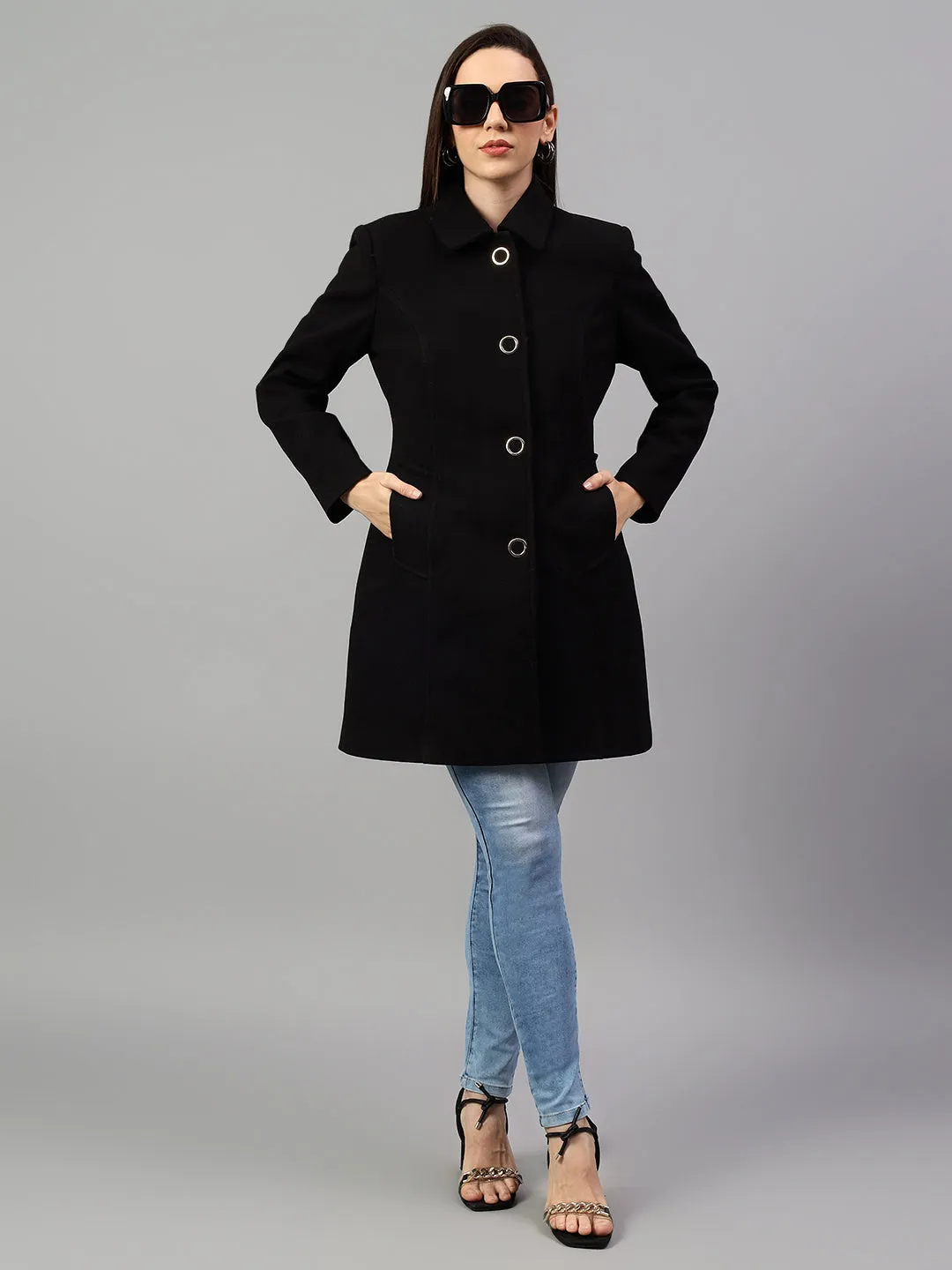 Women's Black Solid Full Sleeves Winter Long Coat